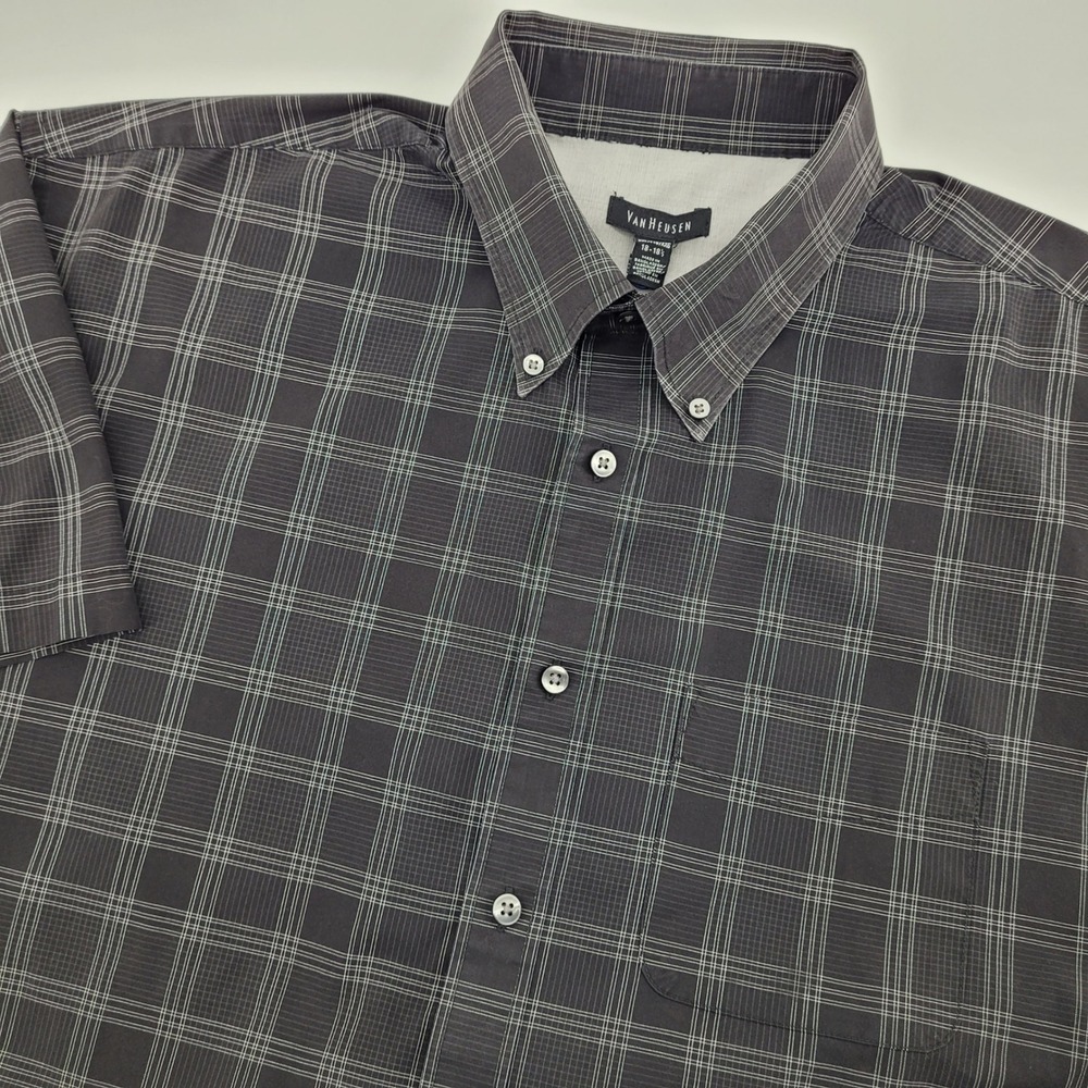 Van Heusen Mens XXL Short Sleeve Black Plaid Button Down Shirt Office Preppy